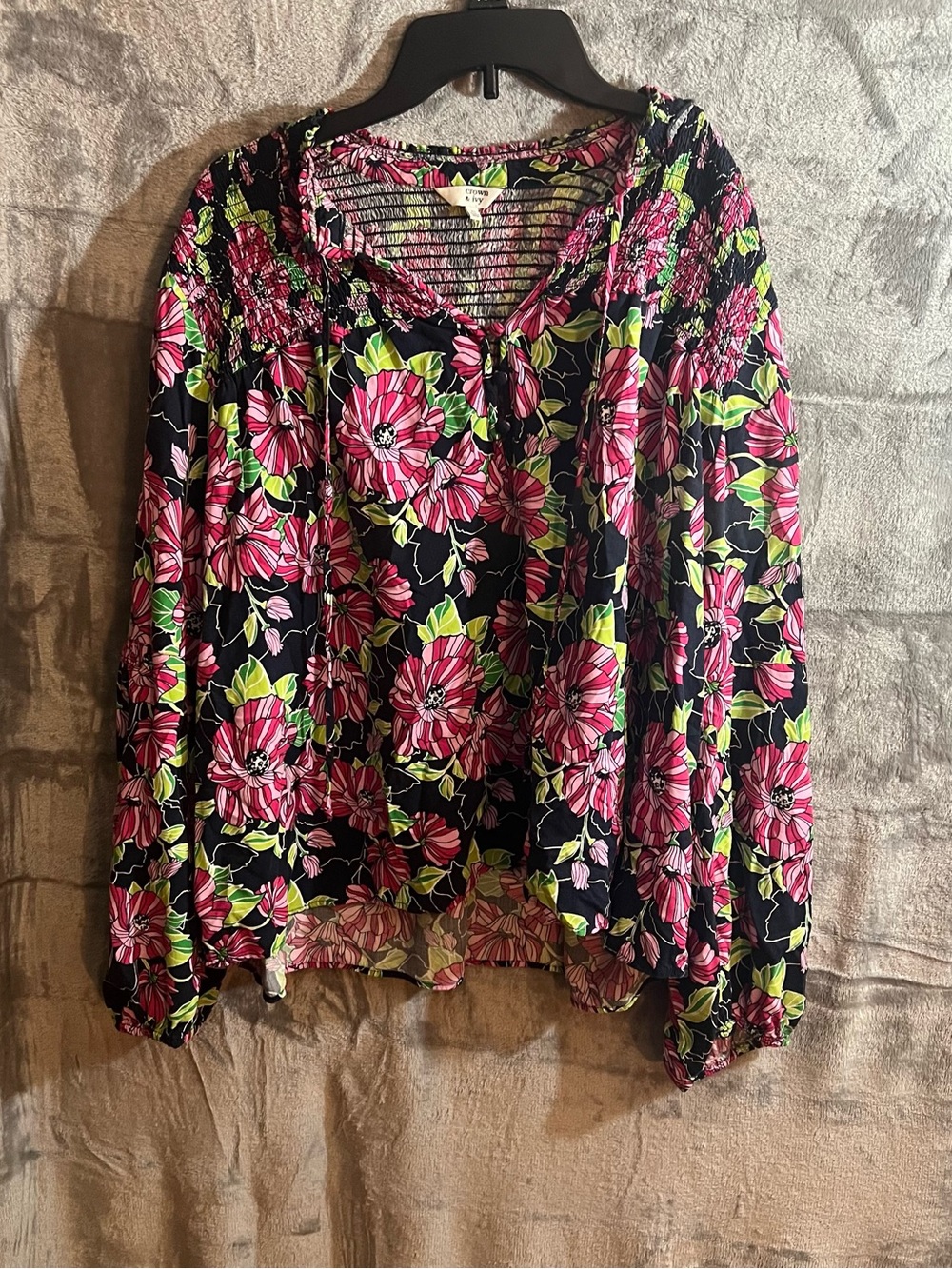Floral Smocked Yoke Long-Sleeve Blouse - Black with Pink Flowers